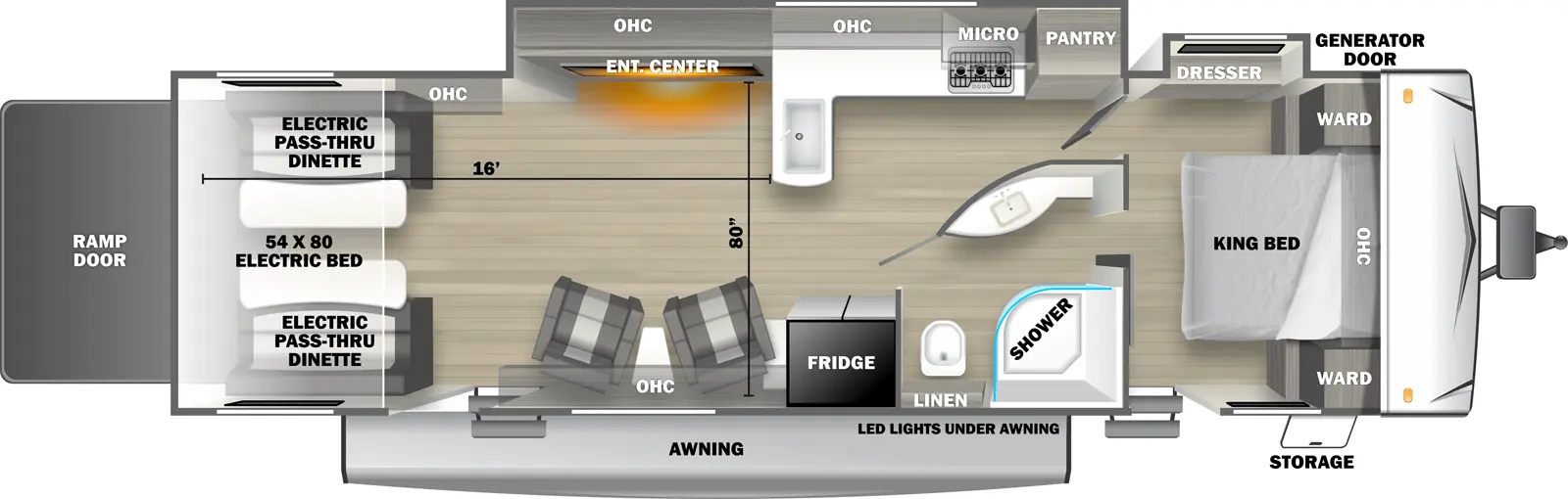 The 3030RLT travel trailer has 2 slideouts on the off-door side, 2 entry doors and 1 rear ramp door. Exterior features include an awning with LED lights, front door side storage and front off-door side generator door. Interior layout from front to back includes: front bedroom with foot-facing King bed, shelf over the bed, front corner wardrobes, off-door side slideout holding a dresser and door side entry door to outside; door side pass through bathroom with radius shower, toilet, and curved wall vanity; off-door side slideout holding L-shaped kitchen countertop with front facing sink, overhead cabinet, overhead microwave, stovetop and pantry and entertainment center with overhead cabinet; door side refrigerator; 2 door side recliners with end table; ceiling fan over cargo area; and rear 54 x 80 electric bed over electric pass-through dinette. Cargo length from rear of unit to kitchen countertop is 16 ft. Cargo width from entertainment center to door side wall is 80 inches.